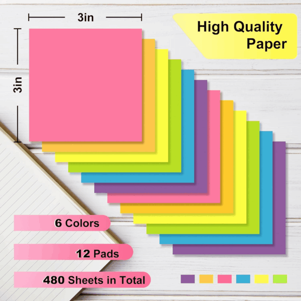 Sticky Notes - 12 Pads, 3”X3” - Colorful Self-Stick Post Notes Bulk - Office Desk Accessories | Teacher Classroom Must Haves,Aesthetic School Supplies for Home,Easter Basket Essentials - Image 2