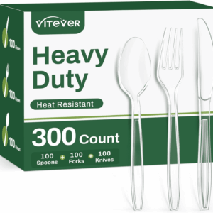 300 Count Heavy Duty Clear Plastic Silverware, Disposable Plastic Utensils Set, 100 Forks, 100 Spoons, 100 Knives, Bpa-Free Heat Resistant Durable Plastic Cutlery Set for Party