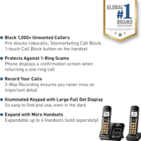 Cordless Phone with Answering Machine, Advanced Call Block, Bilingual Caller ID and Easy to Read High-Contrast Display, Expandable System with 2 Handsets - KX-TGD832M (Metallic Black) - Image 2