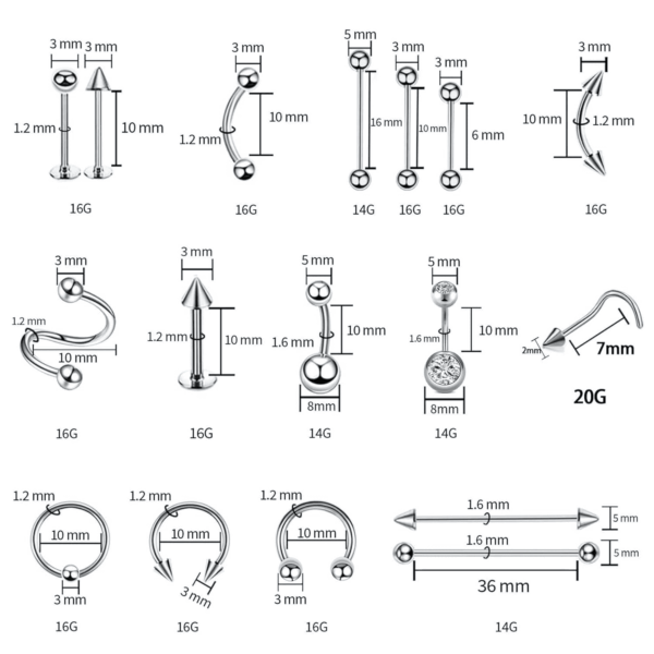 153Pcs Piercing Kit: 12G, 14G, 16G, 20G Needles & 316L Stainless Steel Jewelry for Nose, Belly, Lip, Ear & More - Image 2