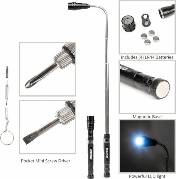 20736A (6) Piece Set, Magnetic Tool & Telescoping Mirror Set, Adjustable Telescoping Magnetic Pickup Tool, Flashlight 15Lb Retriever Tool, 360 Swivel, Magnet Mirror, Magnetic Tools for Mechanic - Image 3