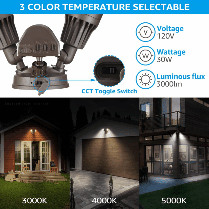 3CCT LED Security Light, Motion Sensor Flood Lights Outdoor, Aluminum, 3 Modes Motion Detector+Dusk to Dawn+Switch Control, 3000K/4000K/5000K Selectable, IP65, Adjustable 2-Head, ETL, Bronze - Image 2