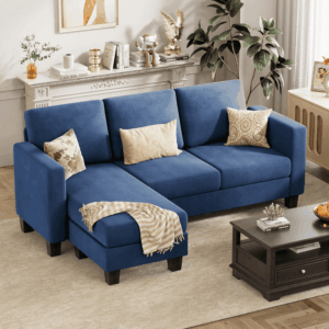 Convertible Sectional Sofa Couch, 3 Seat L-Shaped Sofa with Linen Fabric Ottoman Small Couch for Small Apartments, Living Room and Office (Linen Fabric, Blue)