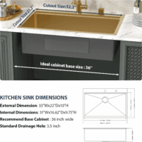 33 Drop in Kitchen Sink Workstation Gold 33X22 Drop in Sinks Stainless Steel 16 Gauge Single Bowl Handmade Topmount Kitchen Sink with Cutting Board - Image 8