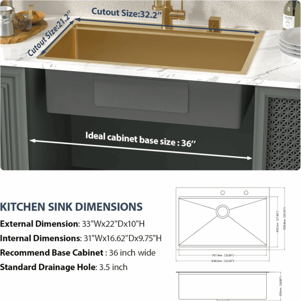 33 Drop in Kitchen Sink Workstation Gold 33X22 Drop in Sinks Stainless Steel 16 Gauge Single Bowl Handmade Topmount Kitchen Sink with Cutting Board - Image 8