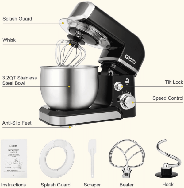 Stand Mixer,3.2Qt Small Electric Food Mixer,6 Speeds Portable Lightweight Kitchen Mixer for Daily Use with Egg Whisk,Dough Hook,Flat Beater (Black) - Image 3