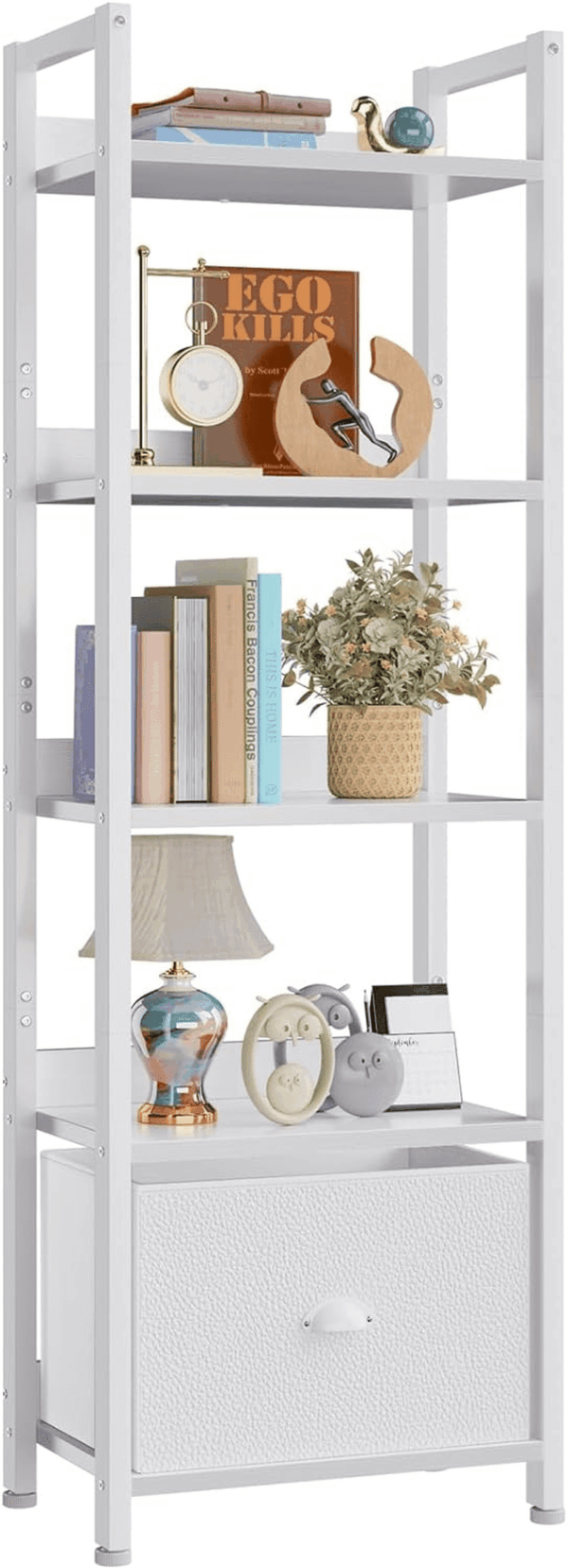 5 Tier Bookshelf with Drawer, Tall Narrow Bookcase with Shelves, Wood and Metal Book Shelf Storage Organizer, Modern Display Standing Shelf Unit for Bedroom, Living Room, Office, White