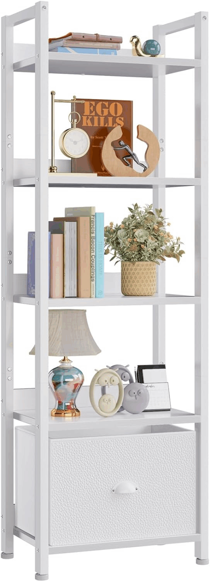 5 Tier Bookshelf with Drawer, Tall Narrow Bookcase with Shelves, Wood and Metal Book Shelf Storage Organizer, Modern Display Standing Shelf Unit for Bedroom, Living Room, Office, White