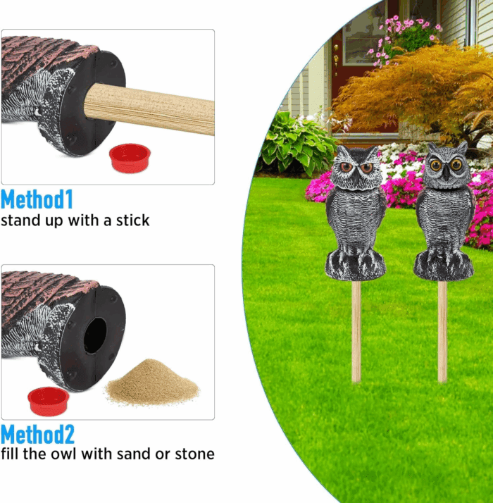 2 Pack Fake Owl Decoys to Scare Birds Away, Rotating Head Bird Deterrents, Nature Enemy Scarecrow Plastic Statues, Pest Repellent for Gardens and Patios - Image 5