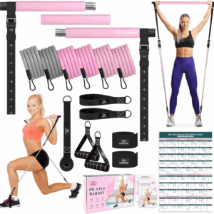 Pilates Bar Kit with Resistance Bands, Multifunctional Yoga Pilates Bar with Heavy-Duty Metal Adjustment Buckle, Portable Home Gym Pilates Resistance Bar Kit for Women Full Body Workouts