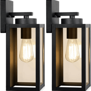 Outdoor Wall Light Fixtures, Exterior Waterproof Lanterns, Porch Sconces Wall Mounted Lighting with E26 Sockets & Glass Shades, Modern Matte Black Wall Lamps for Patio Front Door Entryway, 2-Pack
