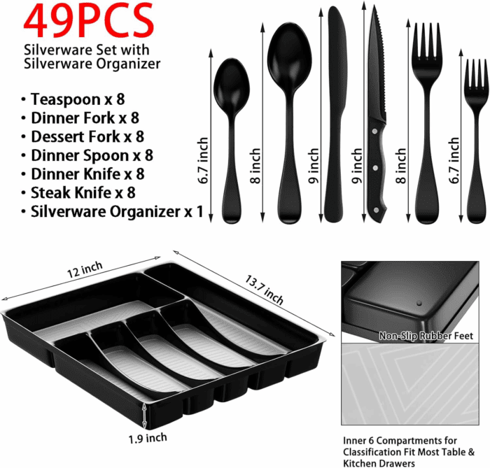 49-Piece Black Silverware Set with Drawer Organizer, Stainless Steel Cutlery for 8 with Matte Steak Knives, Forks, Spoons - Dishwasher Safe - Image 3