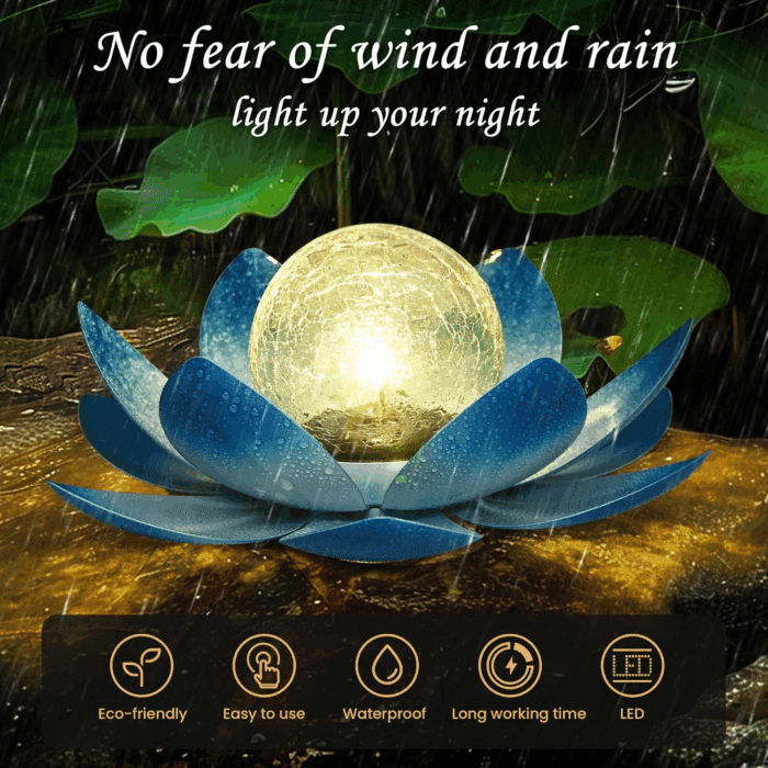 Solar Light Outdoor Garden Decor, Lotus Flower Light Crackle Globe Glass Lantern Outdoor Table Decor Waterproof for Patio, Lawn, Pathway, Pool, Pond, Christmas Gift (Blue Petal) - Image 7
