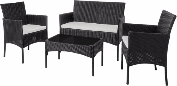 4 Piece Outdoor Patio Furniture Sets, Small Wicker Patio Conversation Furniture Rattan Chair Set with Tempered Glass Coffee Table for Backyard Porch Garden Poolside Balcony - Image 7