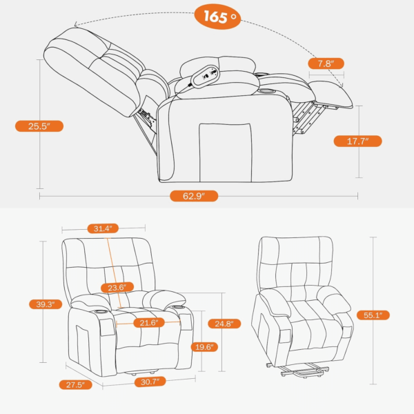 Recliner Chair with Vibrating Massage and Heating, Home Theater Seating with Lumbar Support, Adjustable Electric Power Lift Chairs with Cup Holders Remote Control for Living Room, Grey - Image 5