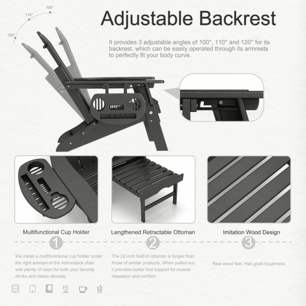 Adjustable Adirondack Chair with Retractable Ottoman, HDPE Folding Adirondack Chair with Cup Holder, All Weather Fire Pit Chair for Outdoor. - Image 4