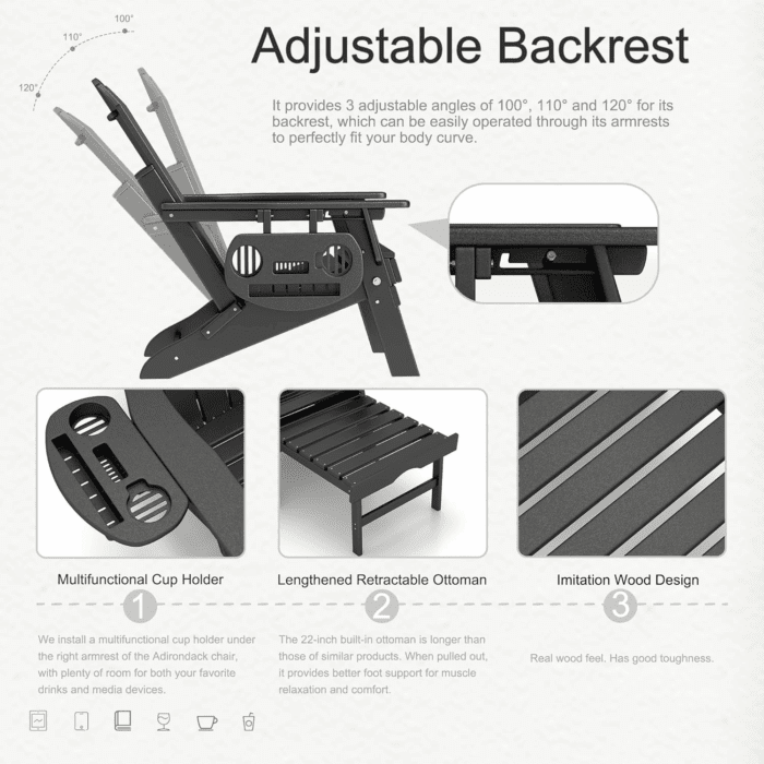 Adjustable Adirondack Chair with Retractable Ottoman, HDPE Folding Adirondack Chair with Cup Holder, All Weather Fire Pit Chair for Outdoor. - Image 4