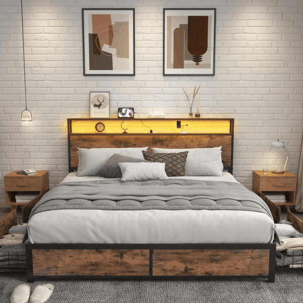 Queen Bed Frame with 2-Tier Storage Headboard, Metal Platform Bed Frame with 4 Storage Drawers, Built in Charging Station & LED, Noise-Free/Metal Support/No Box Spring Needed, Vintage Brown - Image 6