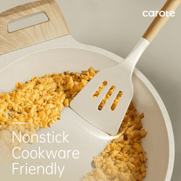 Silicone Cooking Utensils Set, Kitchen Utensils Set 10 Pcs for Cooking, BPA Free Spatula Set with Heat Resistant Wood Handles for Nonstick Cookware (Cream White) - Image 5