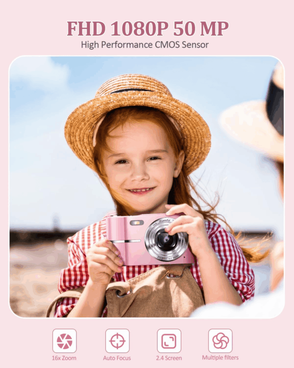 Upgrade Digital Camera,Autofocus 50MP FHD 1080P Camera with 16X Zoom anti Shake,Compact Camera for Kid Student Children Teen Girl Boy,Kids Camera with 32GB SD Card,2 Batteries - Image 2