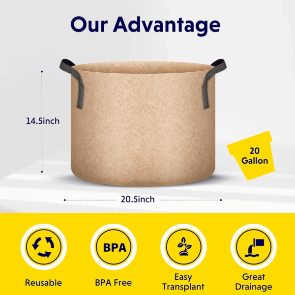 5-Pack 20 Gallon Plant Grow Bags Thickened Nonwoven Aeration Fabric Pots Heavy Duty Durable Container, Strap Handles for Garden, Tan New - Image 2