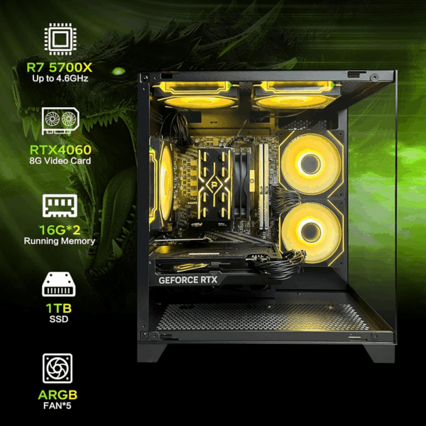 Gaming PC Desktop,Prebuilt Gaming Computer With,Amd Ryzen 7 5700X 3.4Ghz,Rtx4060 8GB GDDR6,32GB DDR4 RAM 3200Mhz,1Tb NVME SSD,ARGB Cooling Fan,Supply Wifi Support - Image 4