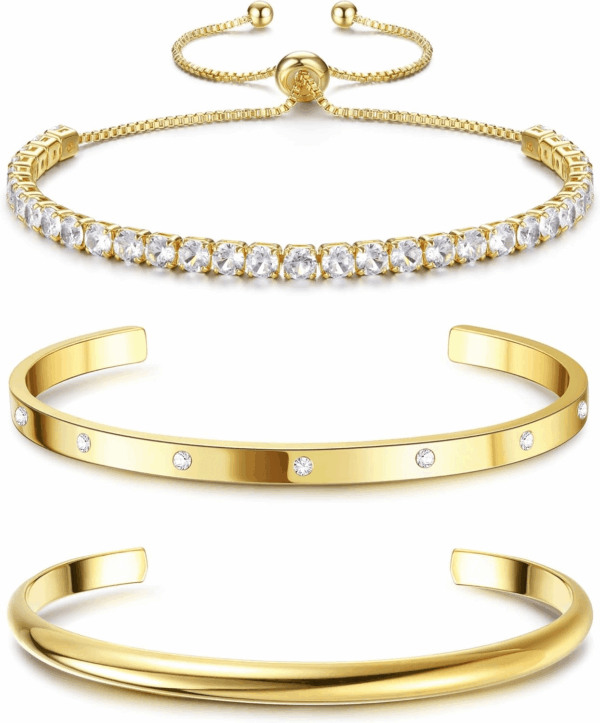 14K Gold Bracelets for Women Trendy Bangle Cuff Chain Bracelets Set Gold Plated Paperclip Bead Tennis Bracelet Chunky Gold Filled Bracelet Stack 3/4PCS - Image 2