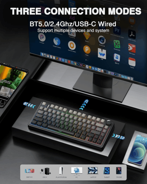 F75 Pro Wireless Mechanical Keyboard,75% Gasket Hot Swappable Custom Keyboard,Rgb Backlit,Pre-Lubed Reaper Switches,Side Printed PBT Keycaps,2.4Ghz/Usb-C/Bt5.0 Mechanical Gaming Keyboards - Image 3