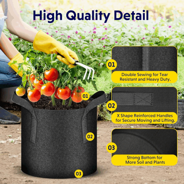 20 Gallon (Pack of 5) Plant Grow Bags Thickened Nonwoven Aeration Fabric Pots Heavy Duty Durable Container, Strap Handles for Garden, Black - Image 3