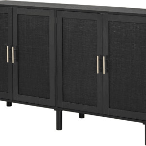 4 Door Sideboard Buffet Cabinet, Kitchen Storage Cabinet with Black Painted Rattan Decorated Doors, Cupboard Console Table, Boho Accent Liquor Cabinet, 62.3X 15.7X 34.6 Inches, Full Black