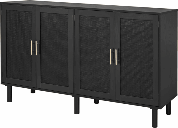 4 Door Sideboard Buffet Cabinet, Kitchen Storage Cabinet with Black Painted Rattan Decorated Doors, Cupboard Console Table, Boho Accent Liquor Cabinet, 62.3X 15.7X 34.6 Inches, Full Black