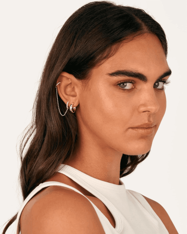 14K Gold Chain Earrings for Women | Double Piercing Dangle Chain Huggie Hoop Earrings | Cubic Zirconia Pearl Stud Ear Cuff Earrings for Women - Image 2