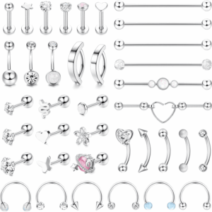 37 Pcs 14G-16G Body Piercing Jewelry for Women 316L Stainless Steel Industiral Cartilage Earrings Clicker Belly Button Rings Lip Eyebrow Rings Horsehoe Septum Rings Body Piercing Jewelry Set