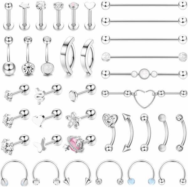 37 Pcs 14G-16G Body Piercing Jewelry for Women 316L Stainless Steel Industiral Cartilage Earrings Clicker Belly Button Rings Lip Eyebrow Rings Horsehoe Septum Rings Body Piercing Jewelry Set