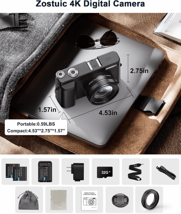 4K Digital Camera for Photography and Video, Autofocus Anti-Shake 48MP Vlogging Camera for Youtube, 3'' 180°Flip Screen Camera with Flash 16X Zoom, Digital Camera with 32GB Card Battery Charger Black - Image 7