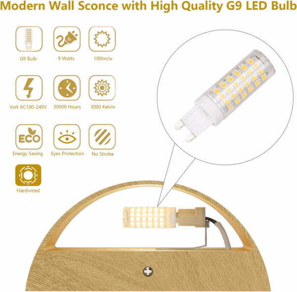 Aluminum Modern Wall Light Fixtures 1 Pack Indoor LED Wall Sconce Hardwired Wood Texture up and down Wall Mount Light for Living Room Bedroom Hallway Corridor 3000K(With G9 Bulbs) - Image 2