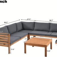 Outdoor Acacia Wood Sectional Sofa Set with Coffee Table and Removable Cushion, Wood Structure Furniture Set, Patio Conversation Set, Water-Resistant, UV Protected, Strong Metal Accessories, Grey - Image 2