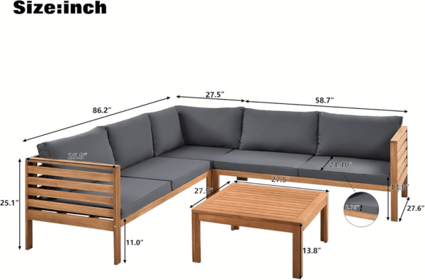 Outdoor Acacia Wood Sectional Sofa Set with Coffee Table and Removable Cushion, Wood Structure Furniture Set, Patio Conversation Set, Water-Resistant, UV Protected, Strong Metal Accessories, Grey - Image 2