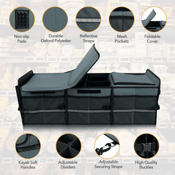 Large Trunk Organizer with Built-In Leakproof Cooler Bag, 2 Tie-Down Straps, 4 Removable Dividers, Foldable Cover, Built with 2Mm PE Board, Gray - Image 7