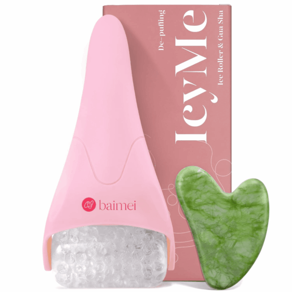 Icyme Ice Roller for Face and Gua Sha Facial Tool Set, Ice Face Roller Reduces Puffiness Relieves Migraines Skin Care Tools, Self Care Gift for Women - Pink