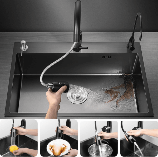 Black Kitchen Sink, Stainless Steel Single Bowl Sink, Drop In/Topmount Workstation Sink with Sliding Accessories, Farmhouse Workstation Sink with Multiple Accessories (19.7 X 17.7In), RXZE031 - Image 3