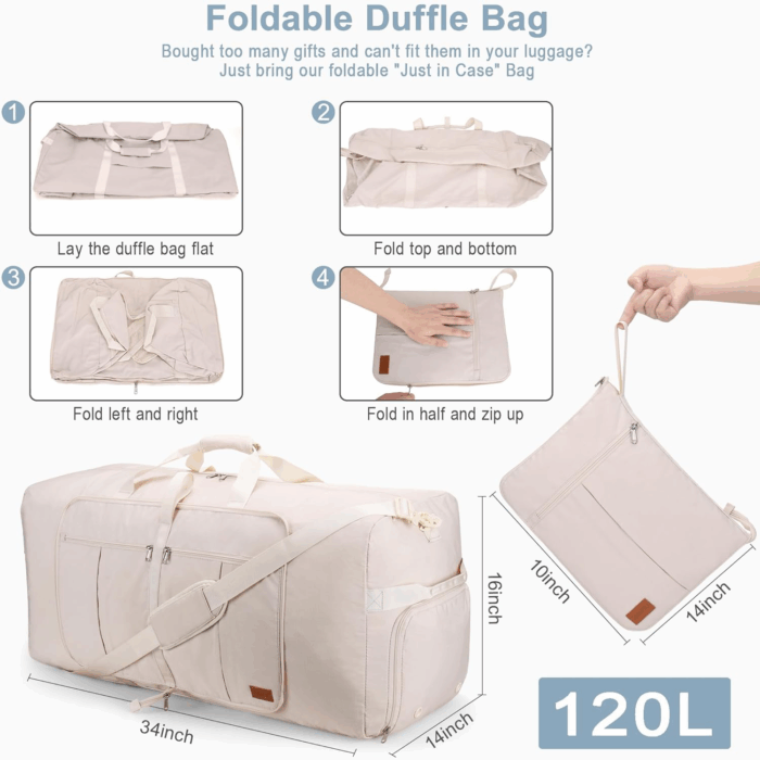 120L Travel Duffle Bag for Men and Women,  34” Large Duffle Bag for Traveling with Shoe Compartment, Foldable Duffel Bag Water & Tear Resistant (Beige) - Image 2