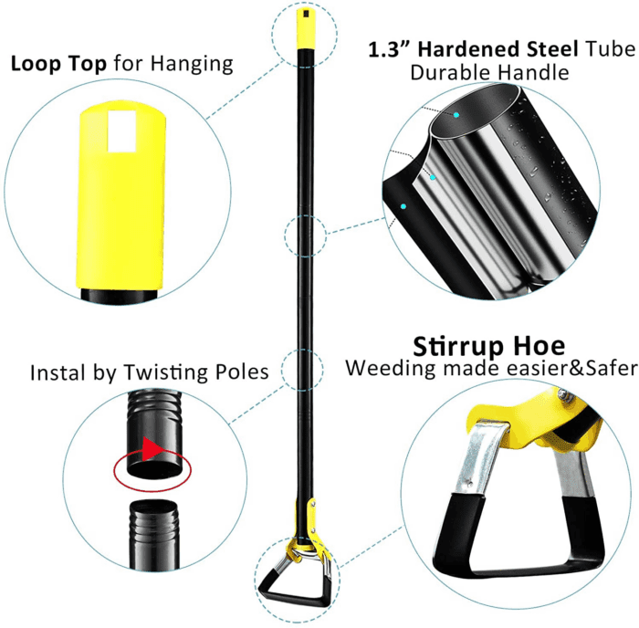 Hoe Garden Tool -Scuffle Garden Hula Hoes for Weeding Gardening Long Handle Heavy Duty - Adjustable Weeding Loop Stirrup Hoe 30-61 Inch Black - Image 3