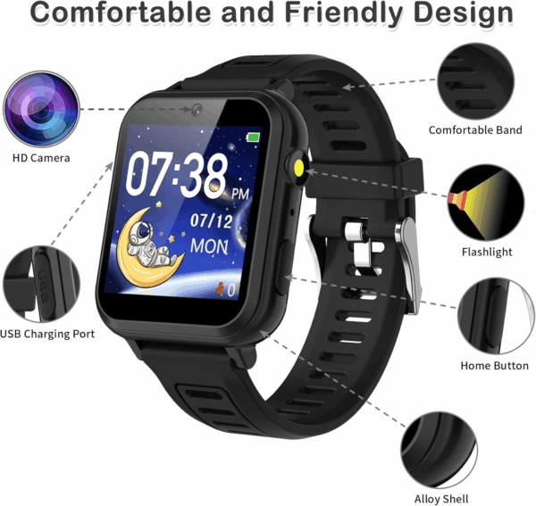 Smart Watch for Kids, Smart Watch Toys with 24 Games Camera Video Recorder Music Alarm Calculator Calendar Flashlight Stopwatch Pedometer Gift Toys for 3-12 Years Old Boys and Girls (Black) - Image 2