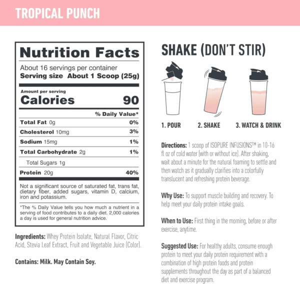 Clear Whey Isolate Protein Powder Infusions, Lactose Free, Gluten Free, Naturally Flavored, Tropical Punch, 20G Protein per Serving, 14.1 Oz, 16 Servings - Image 3