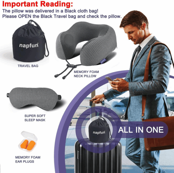 Travel Pillow, 100% Pure Memory Foam Neck Pillows for Travel Airplane Headrest Flight Plane Accessories, Deep Grey, Medium (120-200LB) - Image 6