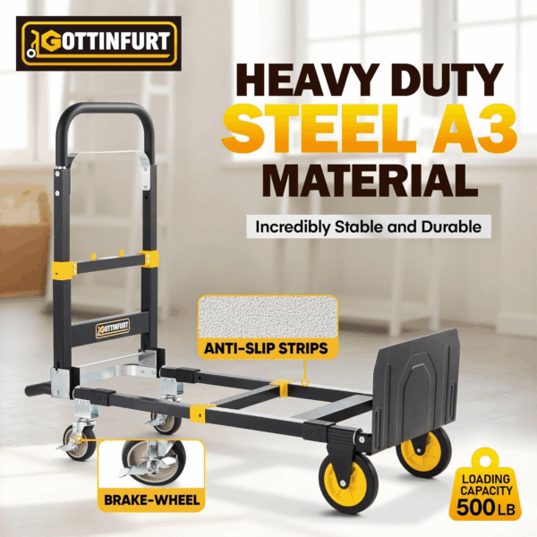 New Upgrated Convertible Hand Truck Dolly 3-In-1, Heavy Duty Hand Dolly Cart 500LB Capacity Foldable with Rubber Brake-Wheels, Anti-Slip Strip and 2 Elastic Ropes - Image 2