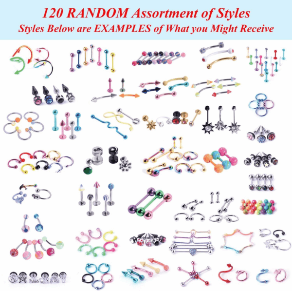 156PC Body Piercing Kit - 14G 16G 18G 20G - Belly Ring Nose Septum Tragus Ear Cartilage Industrial - Horseshoe Ring Hoop Barbell Stud Spike - Random Mix Jewelry - Image 4
