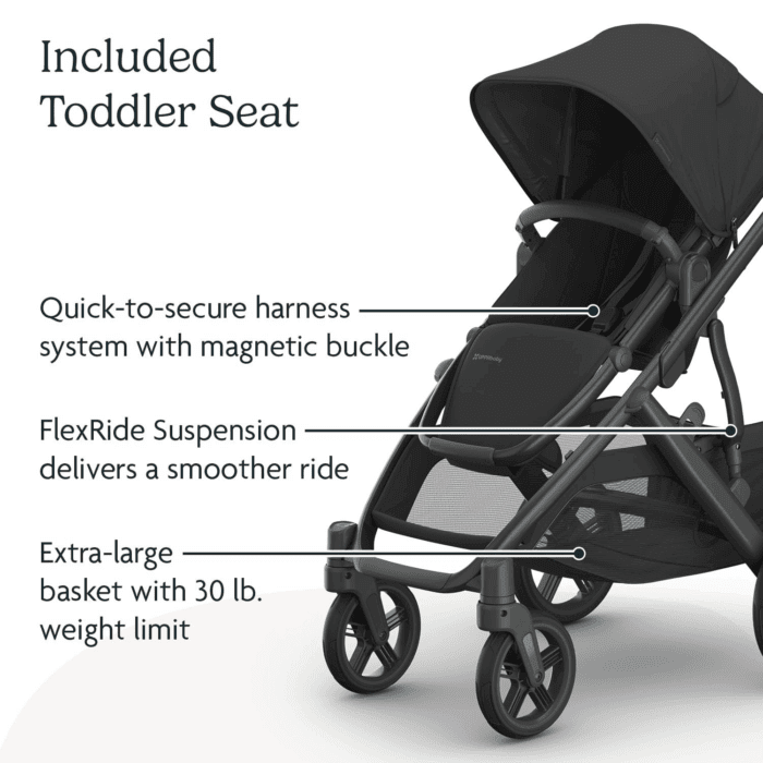 Vista V3 Stroller - Full-Size Single-To-Double Stroller System - Toddler Seat, Bug Shield, Rain Shield, and Storage Bag Included - Jake (Charcoal/Carbon Frame/Black Leather) - Image 5