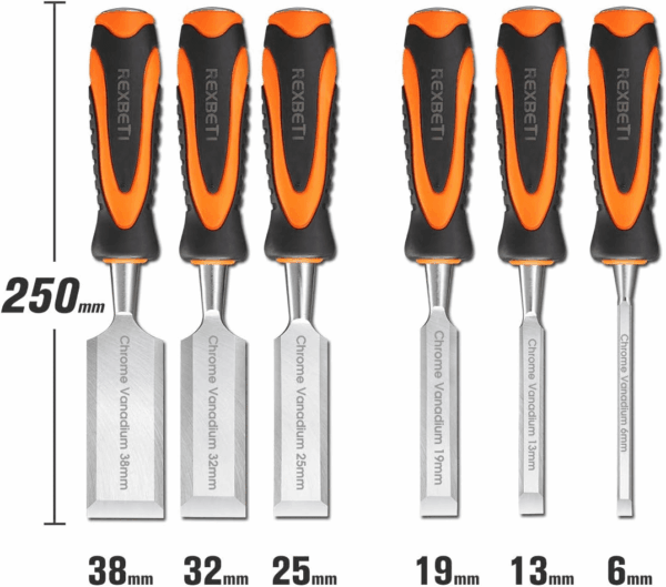 10Pcs Premium Wood Chisel Set, 6Pcs Wood Chisel with 1 Honing Guide, 1 Sharpening Stone and 2 Carpenter Pencils, Heat-Treated Cr-V Alloy Blades - Image 3